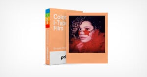 A box of Polaroid's Pantone collaboration film with Peach Fuzz border.