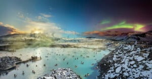 The Blue Lagoon goes from day to night as the image spans left to right.